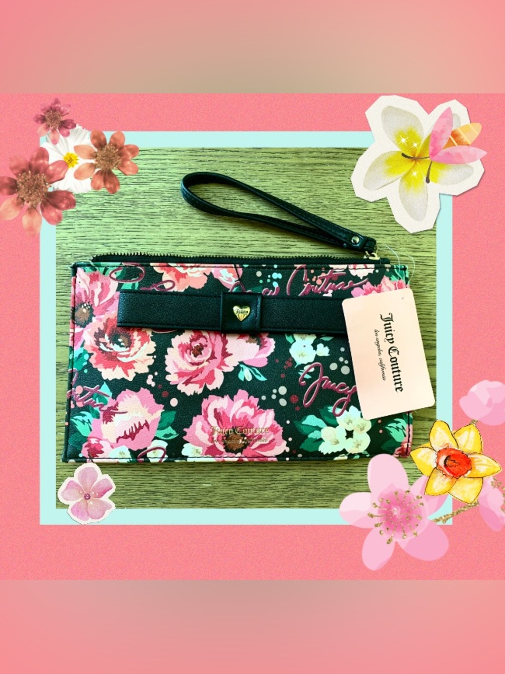 Juicy Couture Black Floral Zip Wristlet Wallet